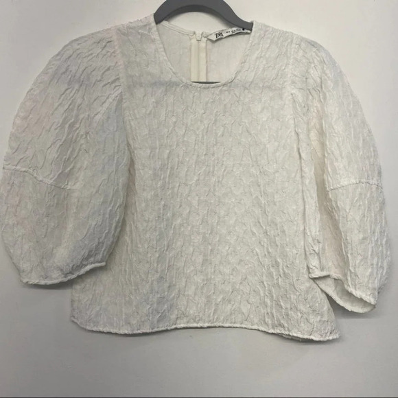 Zara Textured Cropped Balloon sleeve White Blouse M Oversized - Picture 1 of 5